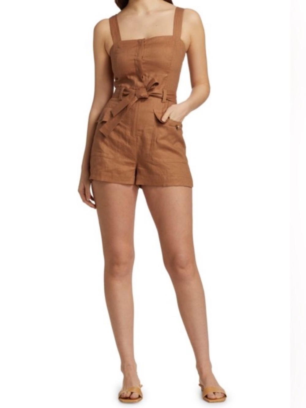 A.L.C. Gilmour Linen Tie-Waist Romper in Cafe